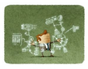 Illustration of businessman with eyes closed touching sensor screen