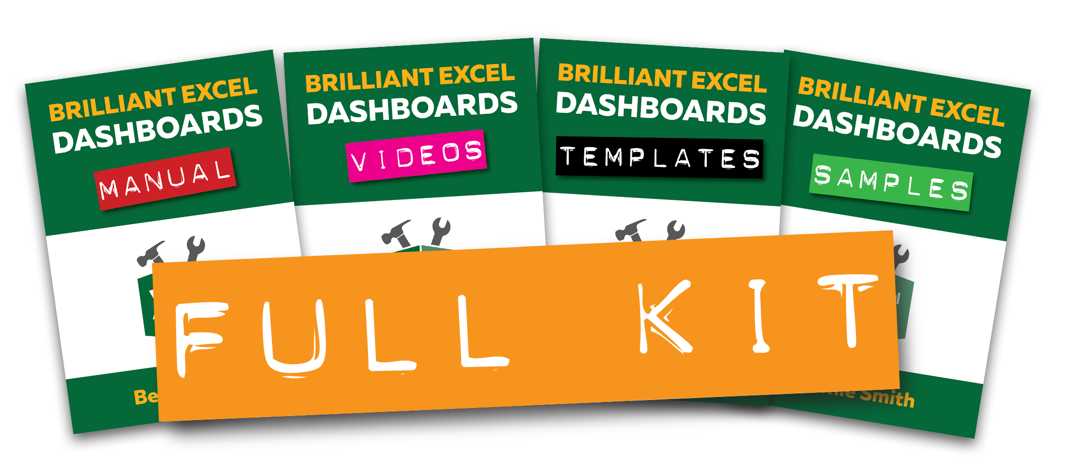 brilliant excel dashboard full kit, showing all four packages