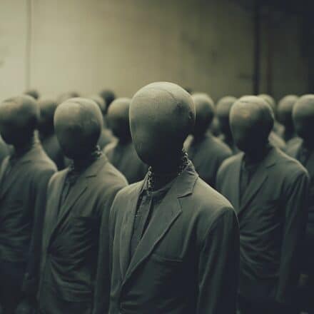 Identical manikins dressed in business suits