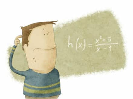 cartoon of man standing by blackboard puzzling how to solve a maths problem