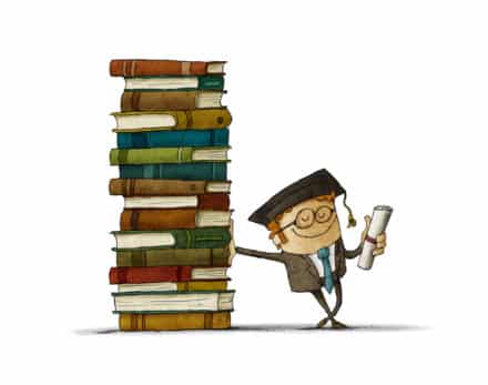 Cartoon graduate leaning against a large stack of books