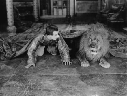 Many discovers lion under the same rug as him and looks shocked. Vintage image. Metaphor for iconic memory