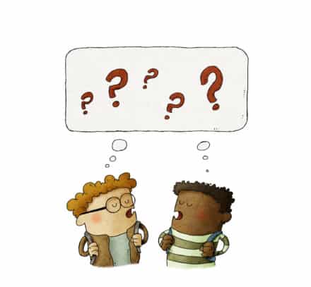 Cartoon of two people asking questions - FAQ