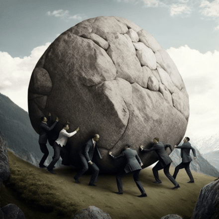 Business people rolling a huge boulder up hill
