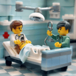 Lego characters performing surgery in AI-generated artwork, symbolizing the precision and regular assessment needed in answering 'how often should KPIs be reviewed'