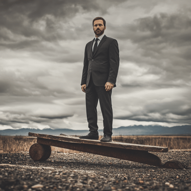 confused businessman standing on broken see-saw as metaphor for disadvantages of balanced scorecard