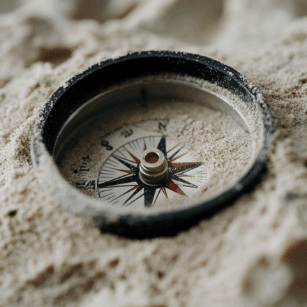 Compass partially buried in sand