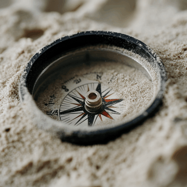 Compass partially buried in sand