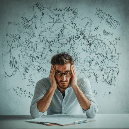 Confused man brainstorming surrounded by a cloud of numbers, lines and charts