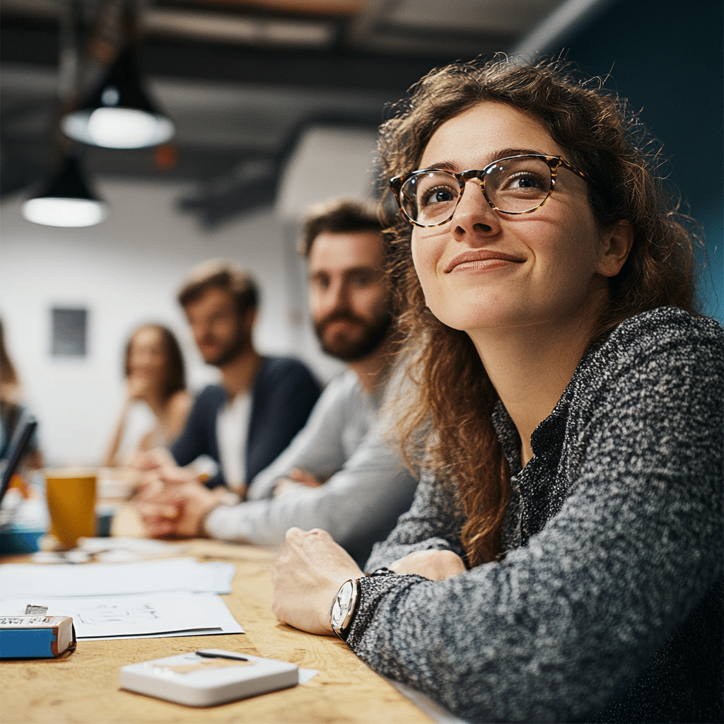 Team smiling, female with glasses in the front A team in a meeting where they're smiling after reaching Bernie's 'performance measurement flow state'
