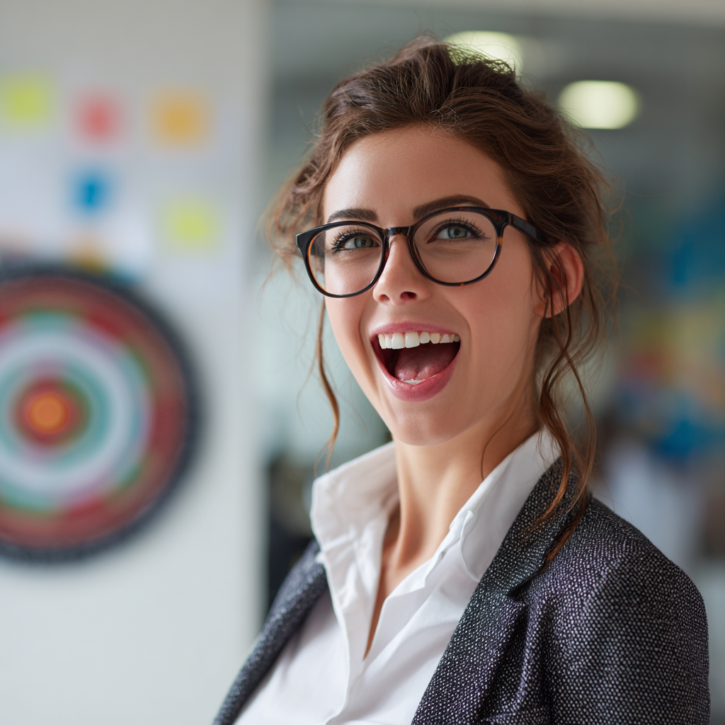 smartly dressed woman looking delighted in front of dartboard