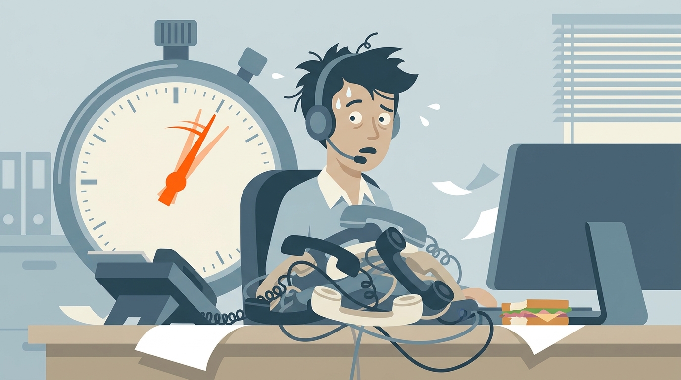 Frazzled call-centre agent watched over by a giant stopwatch – the pressure of Average Handling Time targets