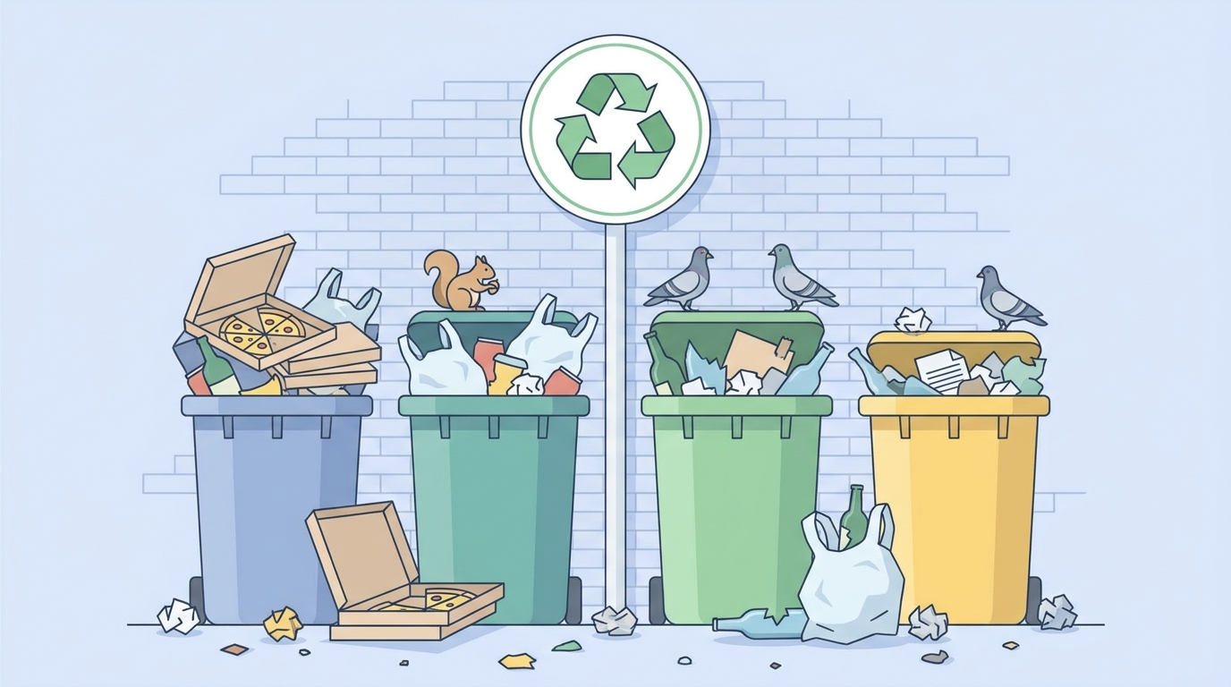 Recycling bins overflowing with contaminated mixed waste below a pristine recycling sign – when volume targets defeat quality
