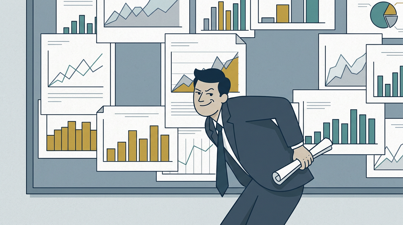 Executive removing an inconvenient chart from a wall of graphs – cherry-picking data